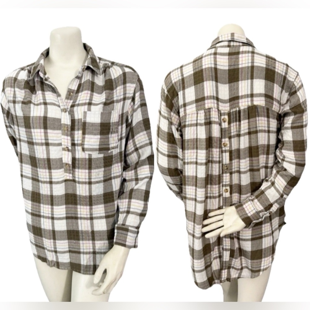 Anthropologie Isadora Plaid Button Back High Low Shirt Women’s Small Brown